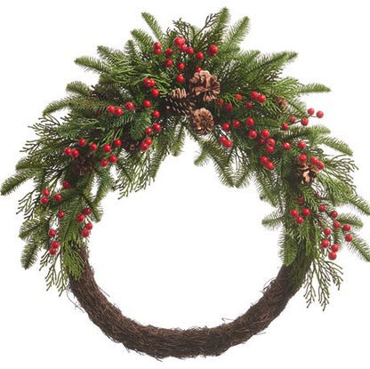 30" Red Berry and Pinecone Mixed Greenery Half Wreath Christmas Wreath
