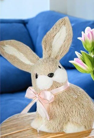 7" Brown Sisal Bunny Home Decor, Cute Rabbit Figurine, Easter Decoration, Spring Decor, Country Cottage Style table decor Looking Left