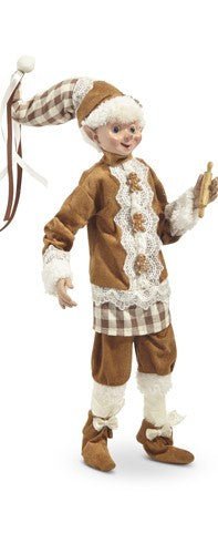Elf in a  light brown outfit with a white background