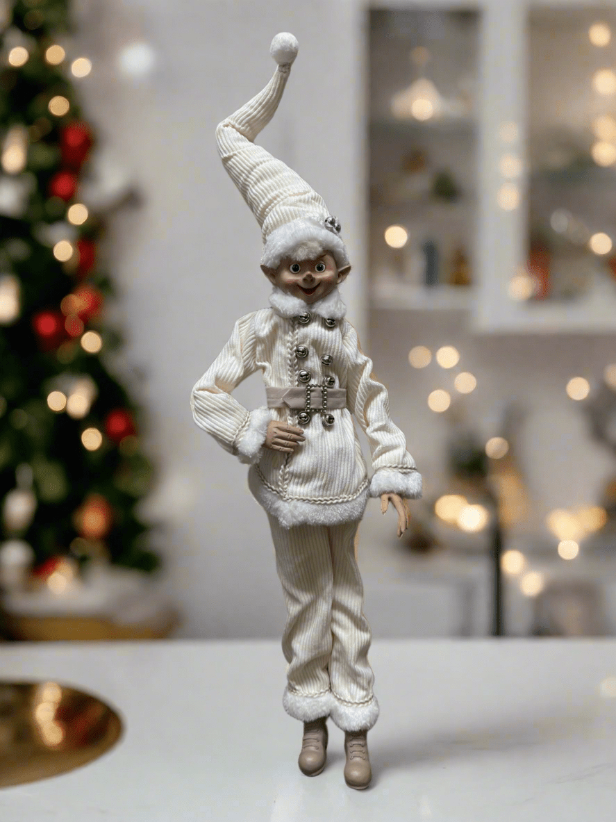RAZ Imports 24" Posable Corduroy Elf in All White Outfit - Collectible Kinder Joy Holiday Figurine - Nifty Decor & More