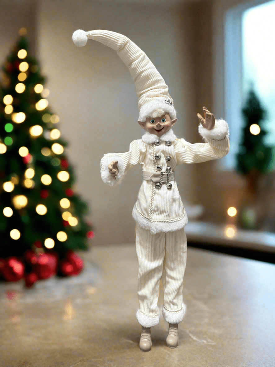 RAZ Imports 24" Posable Corduroy Elf in All White Outfit - Collectible Kinder Joy Holiday Figurine - Nifty Decor & More