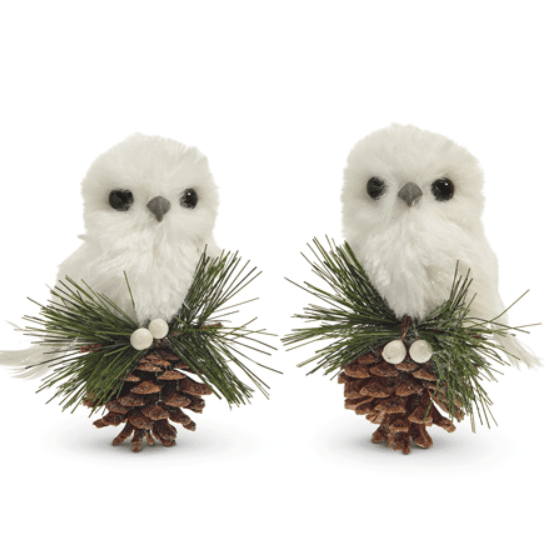 RAZ Imports 4.5" White Owl on Pinecone - Winter Forest Christmas Shelf Sitter - Nifty Decor & More