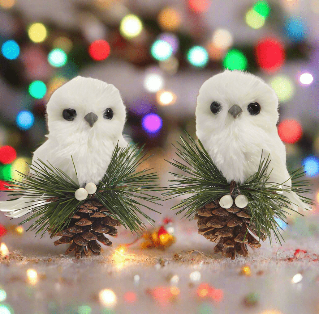 RAZ Imports 4.5" White Owl on Pinecone - Winter Forest Christmas Shelf Sitter - Nifty Decor & More