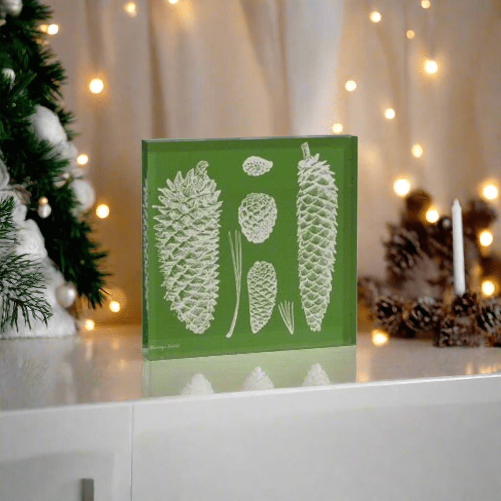 RAZ Imports 8" Pinecone Acrylic Block Shelf Sitter - Gwendolyn Babbitt Artist Series - Nifty Decor & More