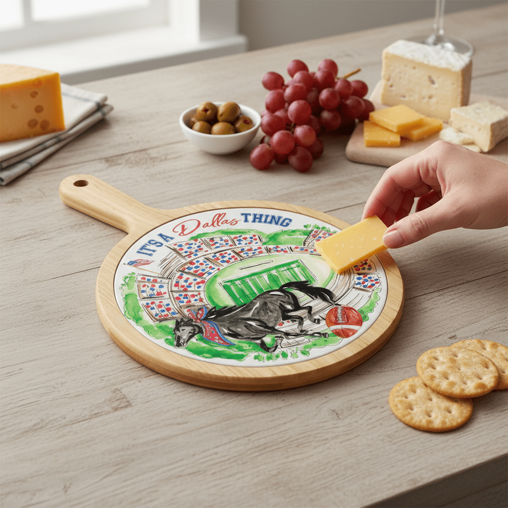 Red Mustang Stadium Collegiate Bamboo & Ceramic Cheese Board - Nifty Decor & More