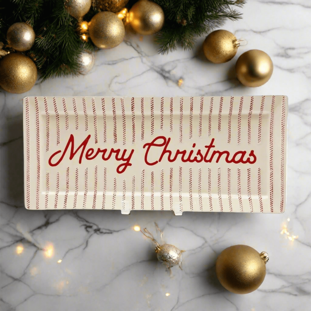 Red & White Ticking "Merry Christmas" Ceramic Platter - Nifty Decor & More