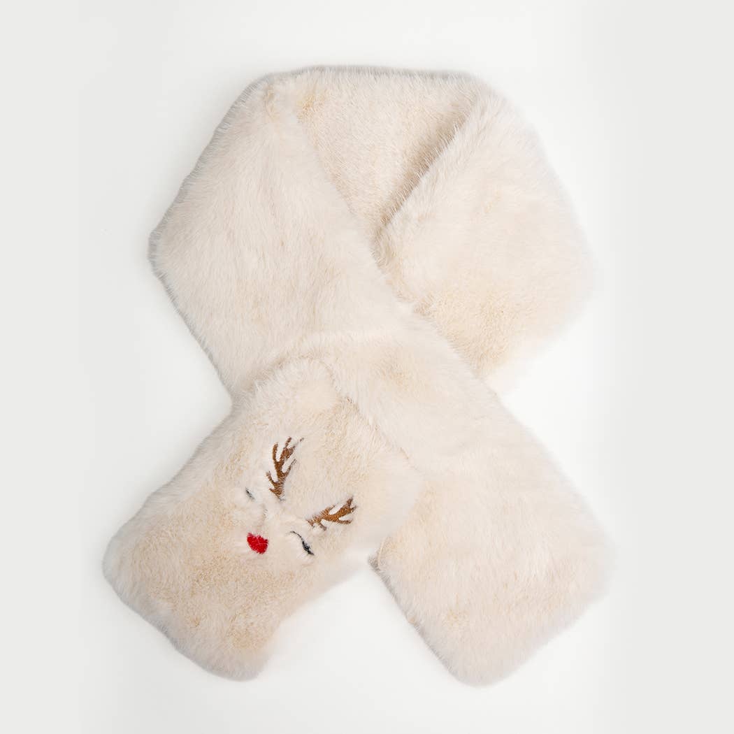 REINDEER Faux Fur Embroidered Pull Through Scarf - Nifty Decor & More