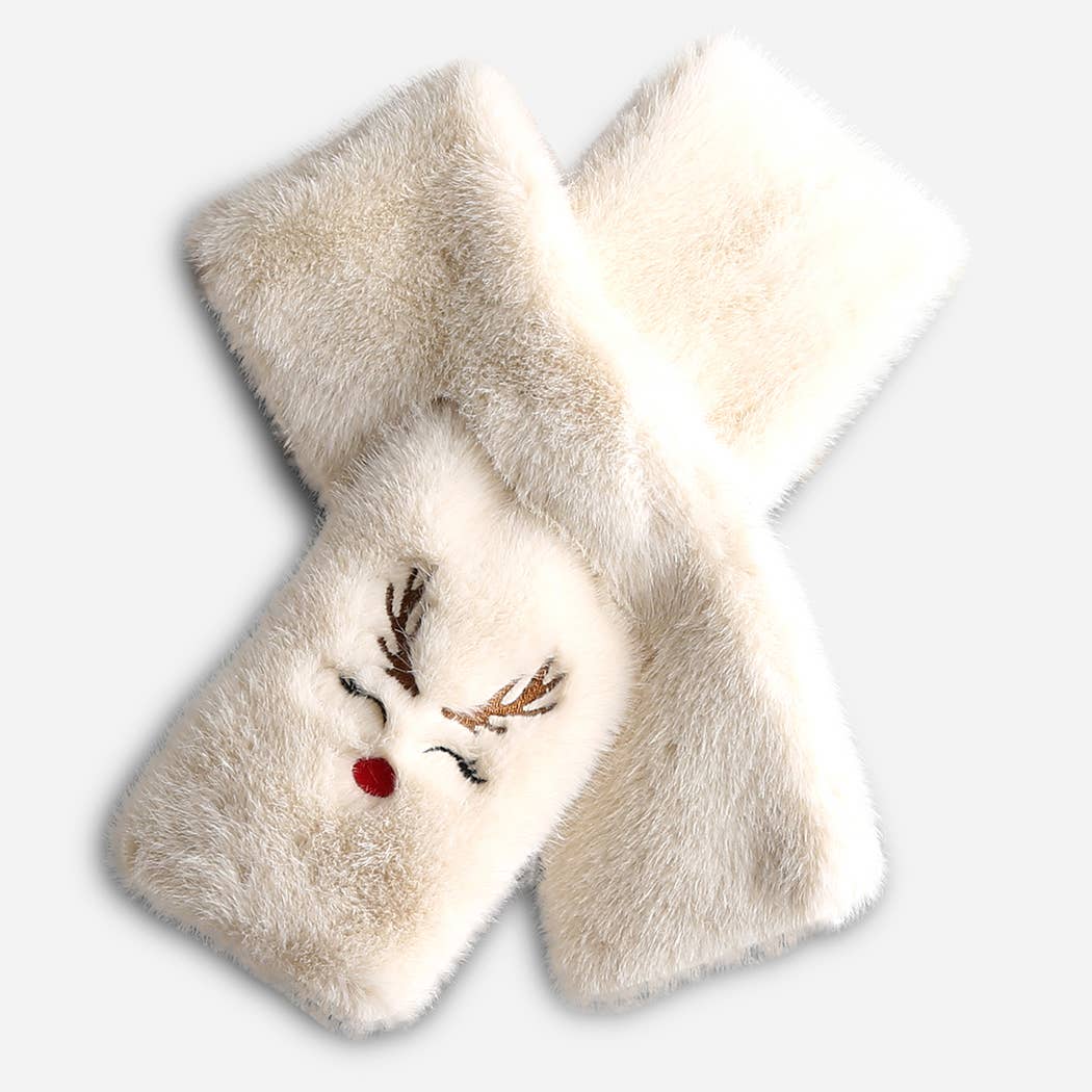 REINDEER Faux Fur Embroidered Pull Through Scarf - Nifty Decor & More