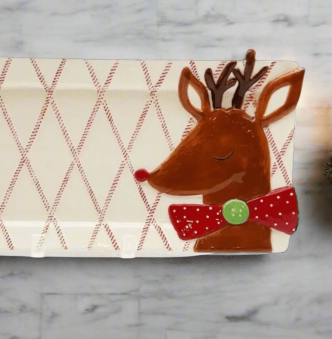 Reindeer On Red/White Diamond Ticking Ceramic Platter - 17" Festive Christmas Serving Tray & Holiday Charcuterie Board - Nifty Decor & More