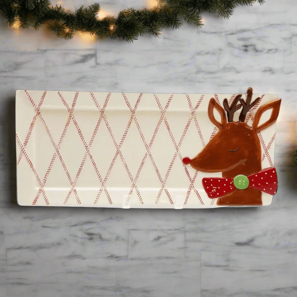 Reindeer On Red/White Diamond Ticking Ceramic Platter - 17" Festive Christmas Serving Tray & Holiday Charcuterie Board - Nifty Decor & More