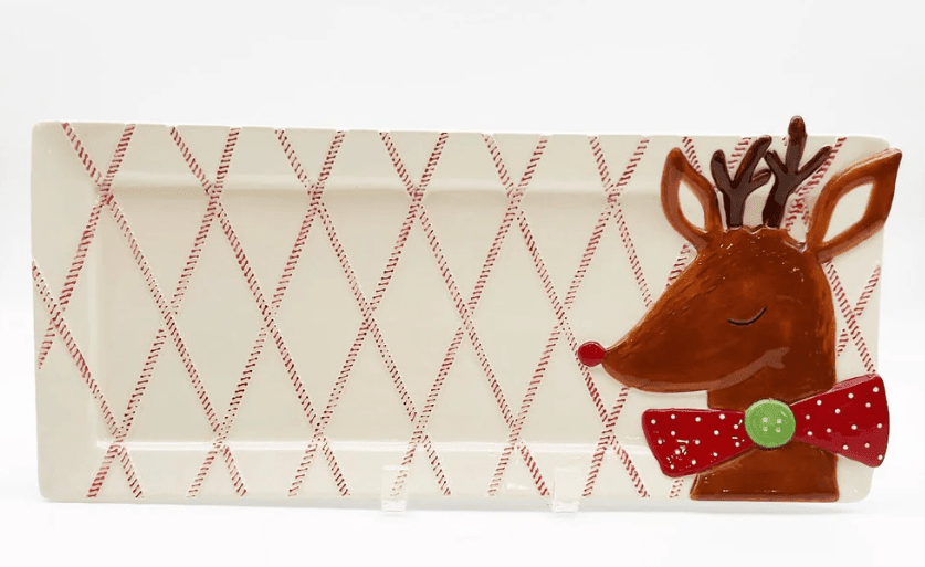 Reindeer On Red/White Diamond Ticking Ceramic Platter - 17" Festive Christmas Serving Tray & Holiday Charcuterie Board - Nifty Decor & More