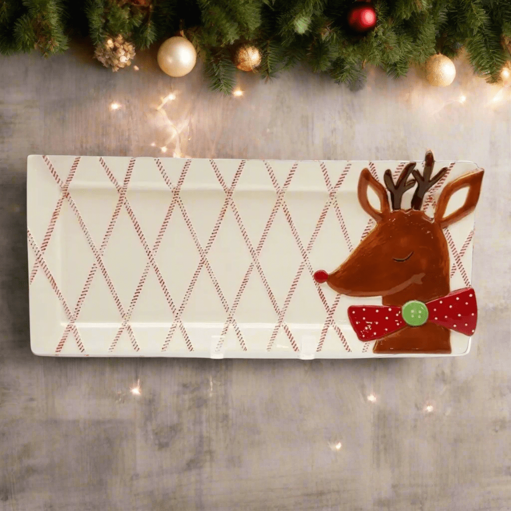 Reindeer On Red/White Diamond Ticking Ceramic Platter - 17" Festive Christmas Serving Tray & Holiday Charcuterie Board - Nifty Decor & More