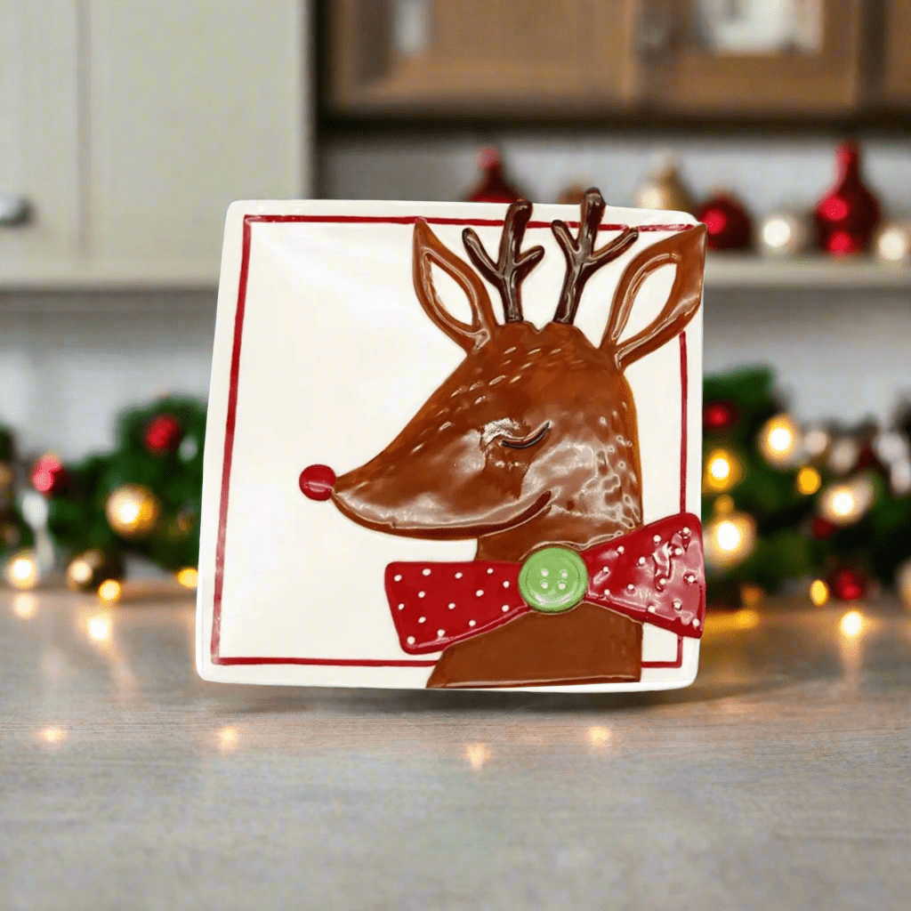 Reindeer Square Ceramic Appetizer Plate - 7" Holiday Dessert & Salad Plate - Nifty Decor & More