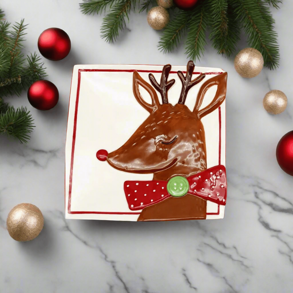 Reindeer Square Ceramic Appetizer Plate - 7" Holiday Dessert & Salad Plate - Nifty Decor & More