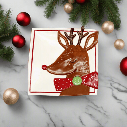 Reindeer Square Ceramic Appetizer Plate - 7" Holiday Dessert & Salad Plate - Nifty Decor & More