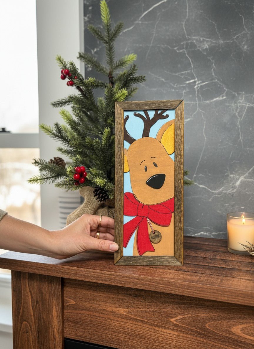 Reindeer Wooden Sign Christmas Wall Decor Rustic Rudolph Framed Holiday Art - Nifty Decor & More