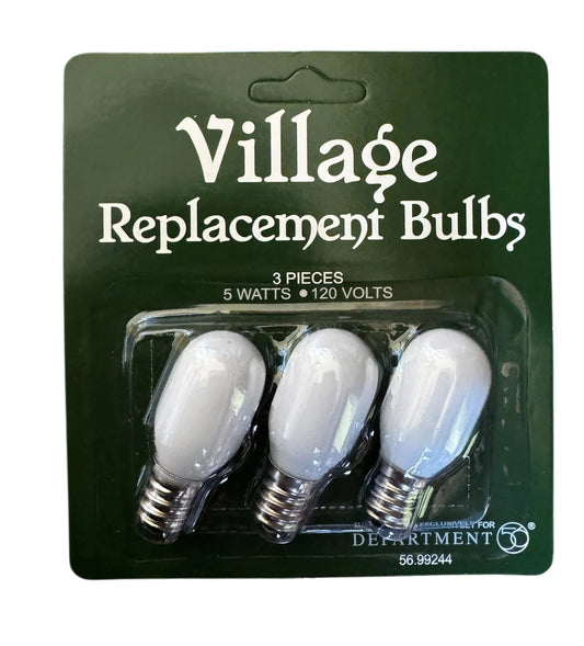 Packaging of three Village replacement bulbs with clear plastic cover on a white background