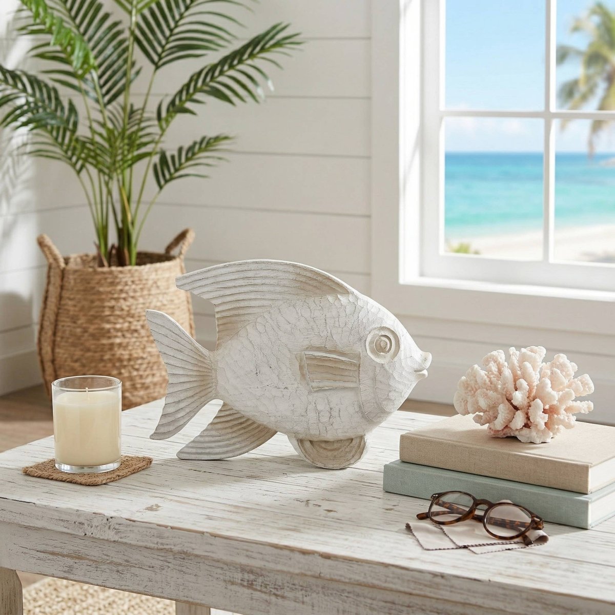 Resin Coastal Fish Decorative Figurine - White, 14 in. - Nifty Decor & More