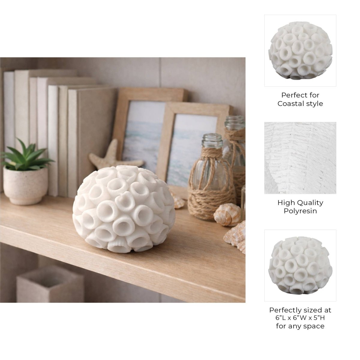 Resin Coastal Round Coral Decorative Orb - Ivory, 5 in. - Nifty Decor & More
