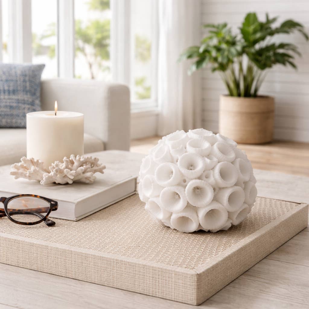 Resin Coastal Round Coral Decorative Orb - Ivory, 5 in. - Nifty Decor & More