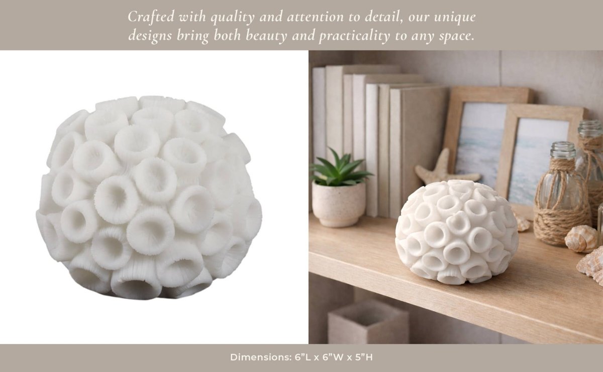 Resin Coastal Round Coral Decorative Orb - Ivory, 5 in. - Nifty Decor & More