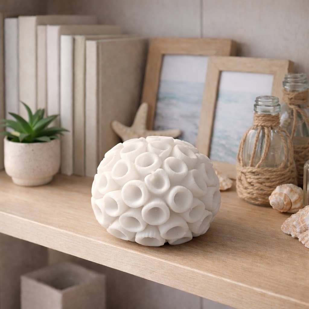 Resin Coastal Round Coral Decorative Orb - Ivory, 5 in. - Nifty Decor & More