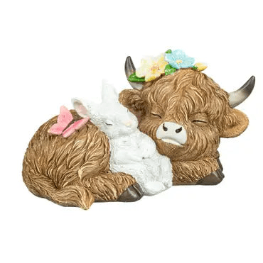 Resting Easter Highland Cow and Bunbun - Nifty Decor & More