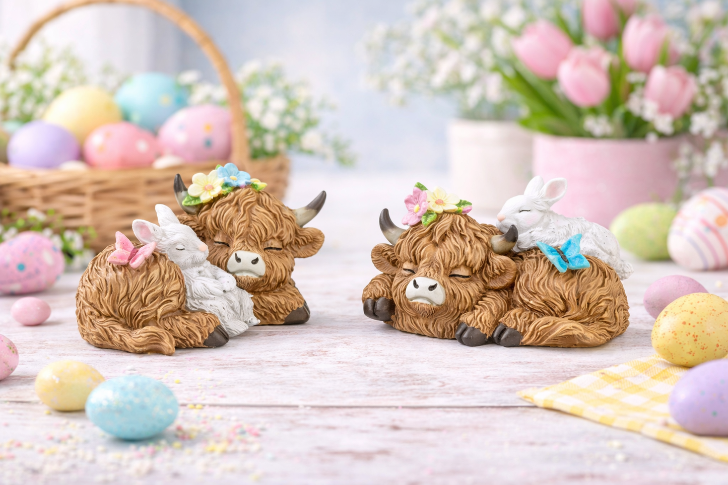 Resting Easter Highland Cow and Bunbun - Nifty Decor & More