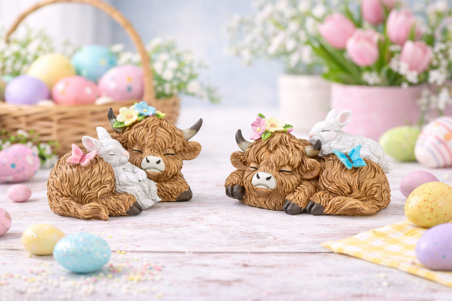 Resting Easter Highland Cow and Bunbun - Nifty Decor & More