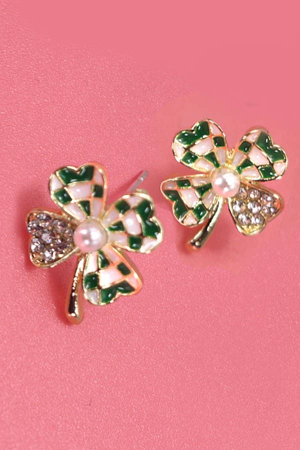 Rhinestone Checker Clover Earrings
