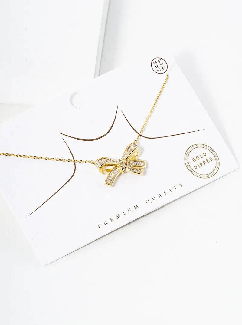 Ribbon Bow Pendant Necklace 18K Gold Dipped Cz Pave - Nifty Decor & More