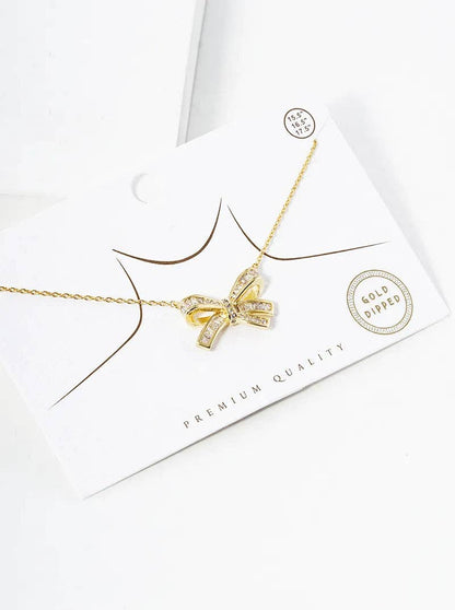 Ribbon Bow Pendant Necklace 18K Gold Dipped Cz Pave - Nifty Decor & More