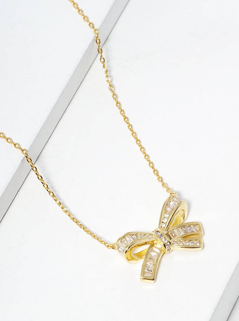 Ribbon Bow Pendant Necklace 18K Gold Dipped Cz Pave - Nifty Decor & More