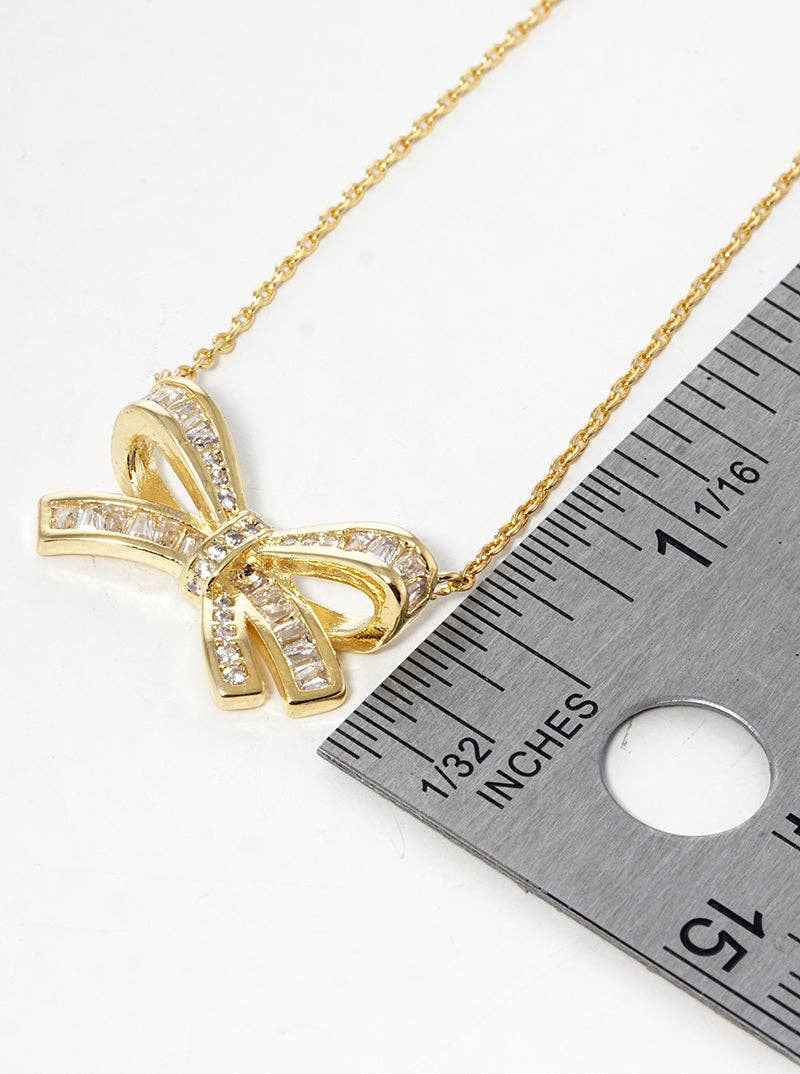 Ribbon Bow Pendant Necklace 18K Gold Dipped Cz Pave - Nifty Decor & More