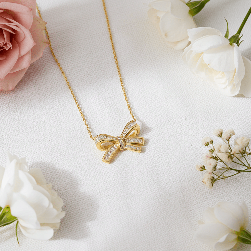 Ribbon Bow Pendant Necklace 18K Gold Dipped Cz Pave - Nifty Decor & More