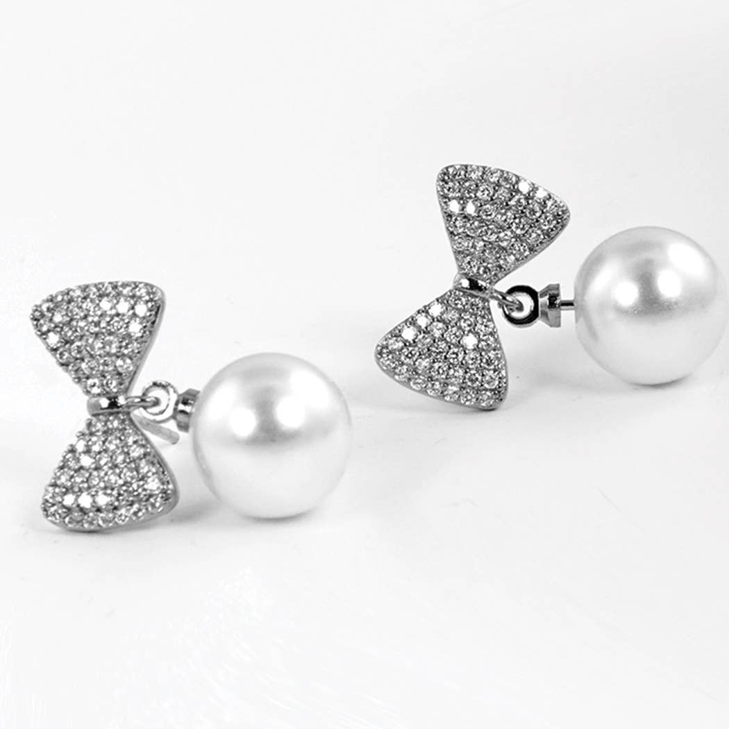 Ribbon Earring with Pearl CZ Gold - Dipped - Nifty Decor & More