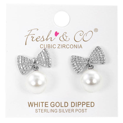 Ribbon Earring with Pearl CZ Gold - Dipped - Nifty Decor & More