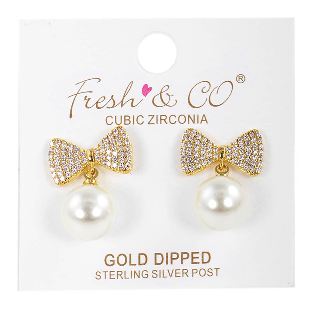 Ribbon Earring with Pearl CZ Gold - Dipped - Nifty Decor & More