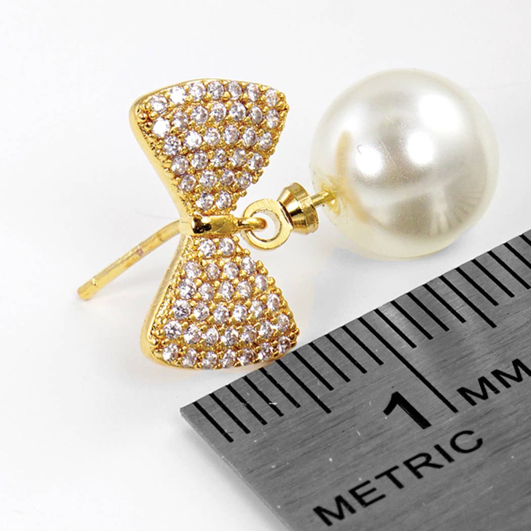 Ribbon Earring with Pearl CZ Gold - Dipped - Nifty Decor & More