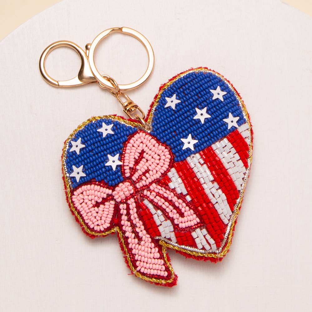 Ribboned Heart Keychain Sequins Seed Beaded - Nifty Decor & More
