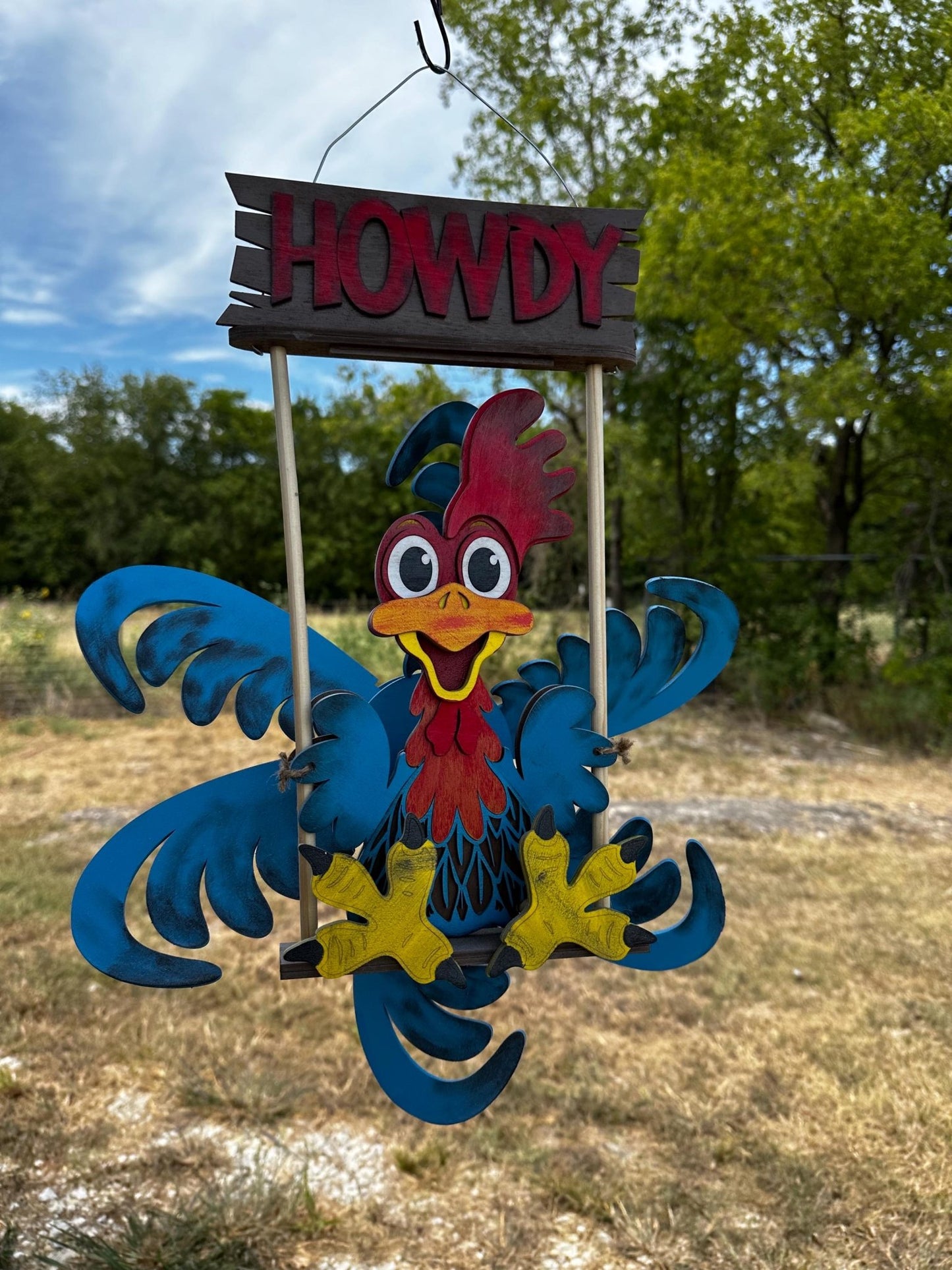 Rooster Wind Spinner | Outdoor Farm Wind Spinner | Cockadoodledoo Windmill | Handmade Spinner Blue Feathers