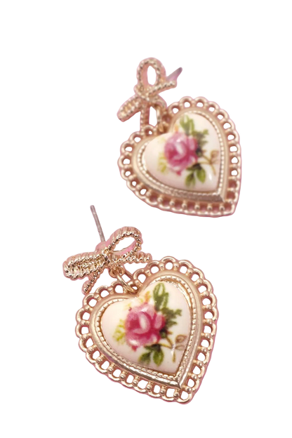 Rose Bow Drop Earrings Ceramic Porcelain