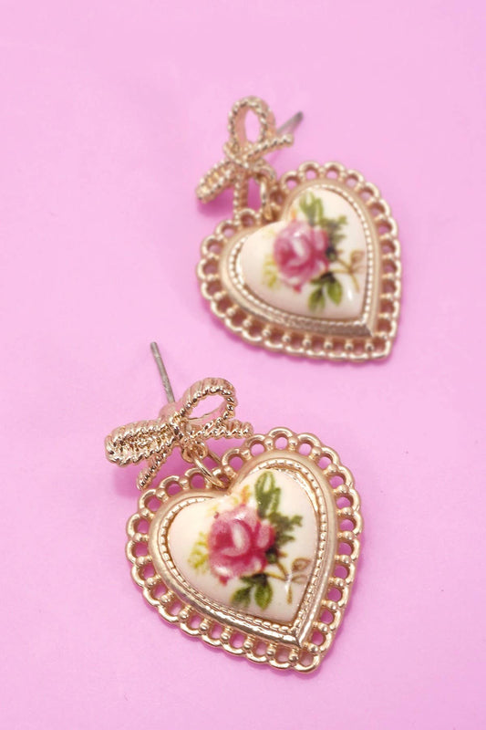 Rose Bow Drop Earrings Ceramic Porcelain, Chic Floral Accessory for Everyday Glam, Stylish Ladies Gift Stud Earrings