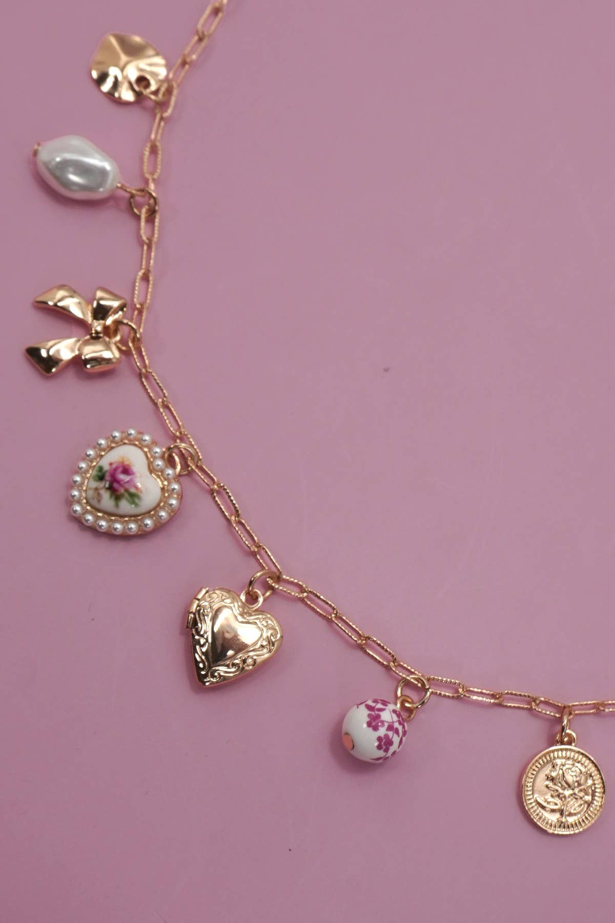 Rose Ceramic Porcelain Bow Heart Charm Link Necklace - Nifty Decor & More