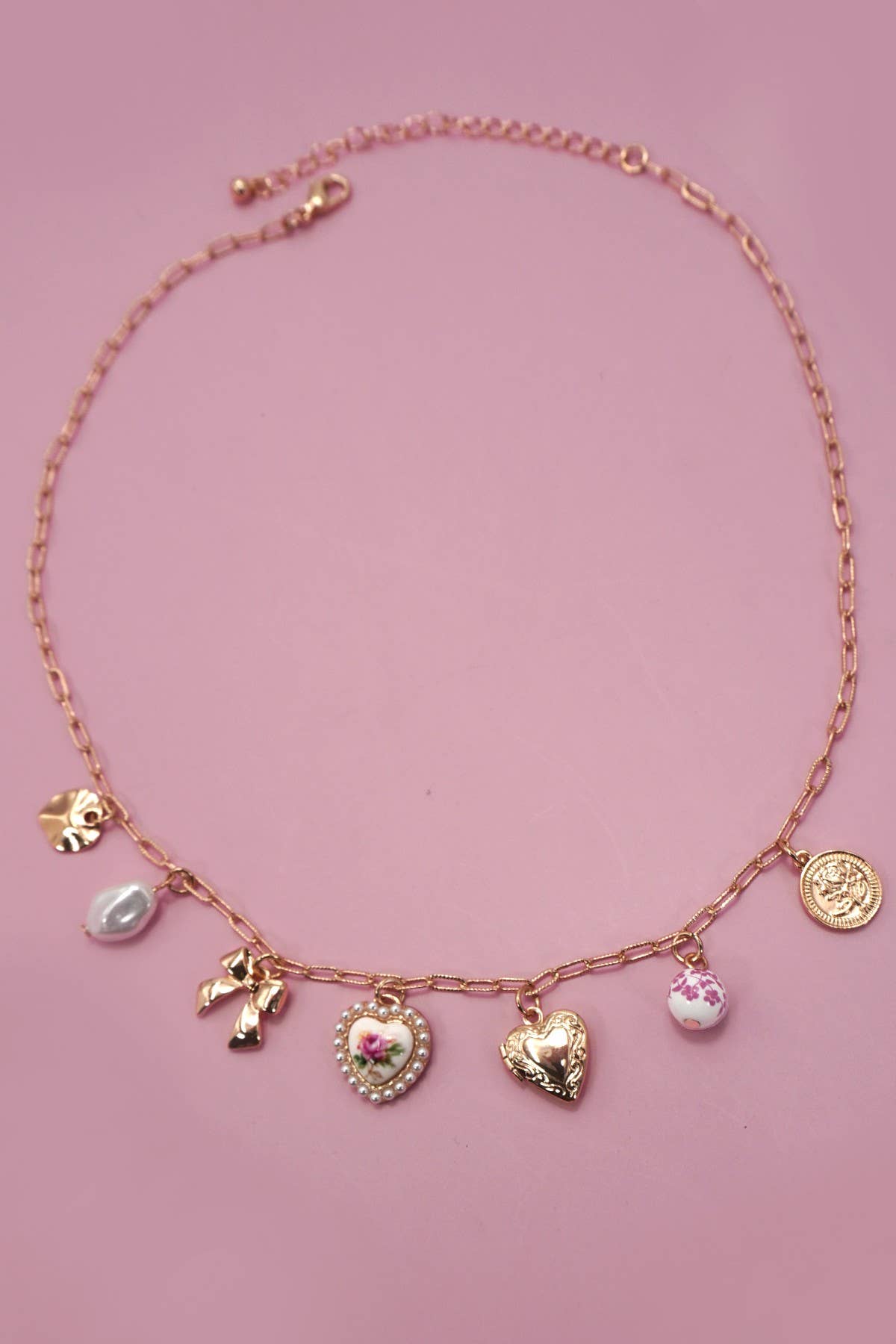 Rose Ceramic Porcelain Bow Heart Charm Link Necklace - Nifty Decor & More