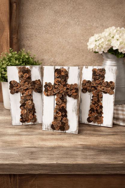 Rustic Button Cross Wall Decor | Handmade Farmhouse Christian Decor | Neutral Faith Wall Art | Religious Gift for Home - Nifty Decor & More