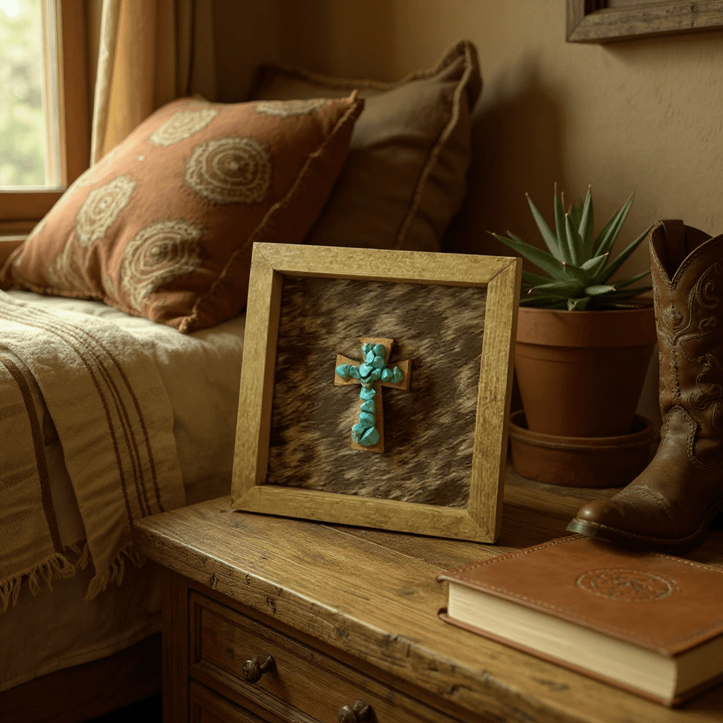 Rustic Cowhide Cross Wall Sign Featuring Turquoise Stones - Nifty Decor & More