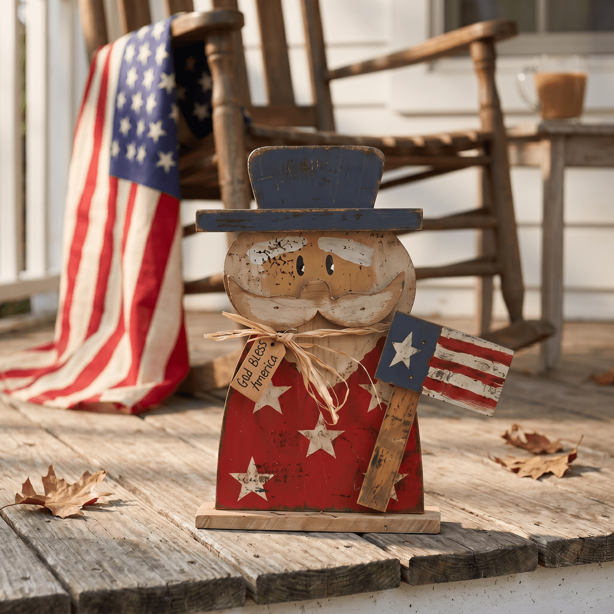 Rustic Wood God Bless America Uncle Sam on Base - Nifty Decor & More