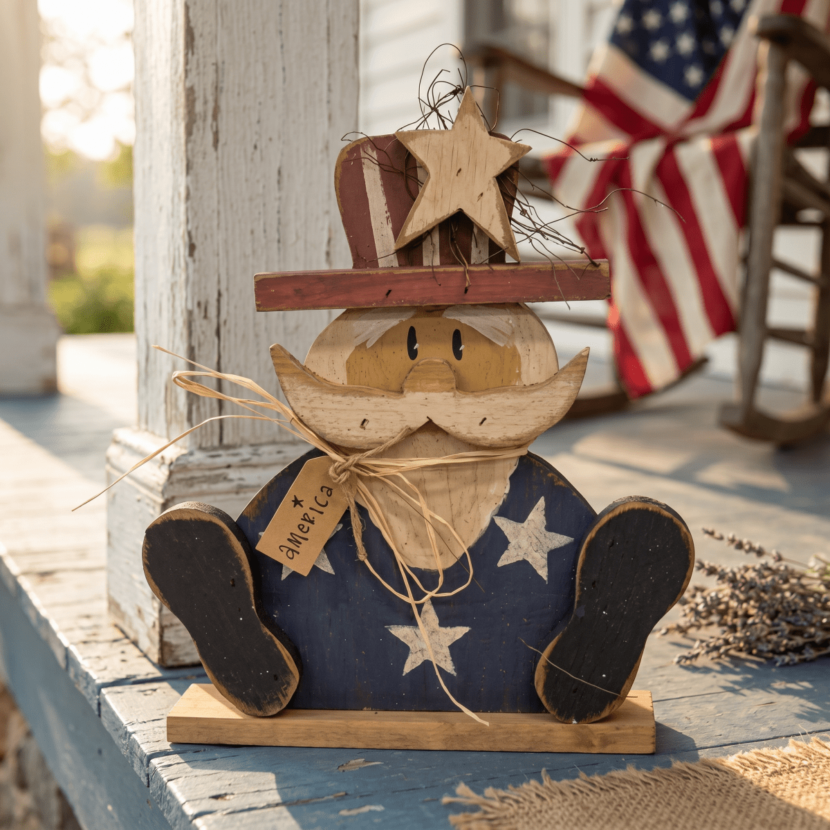 Rustic Wood Sitting America Uncle Sam on Base - 18"H - Nifty Decor & More