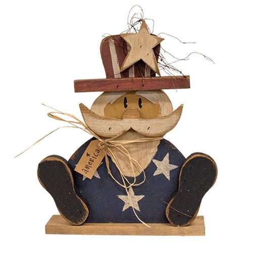 Rustic Wood Sitting America Uncle Sam on Base - 18"H - Nifty Decor & More